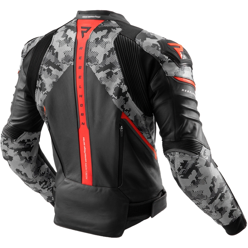 Chaqueta de moto de cuero Rebelhorn Veloce negro-gris-rojo fluo