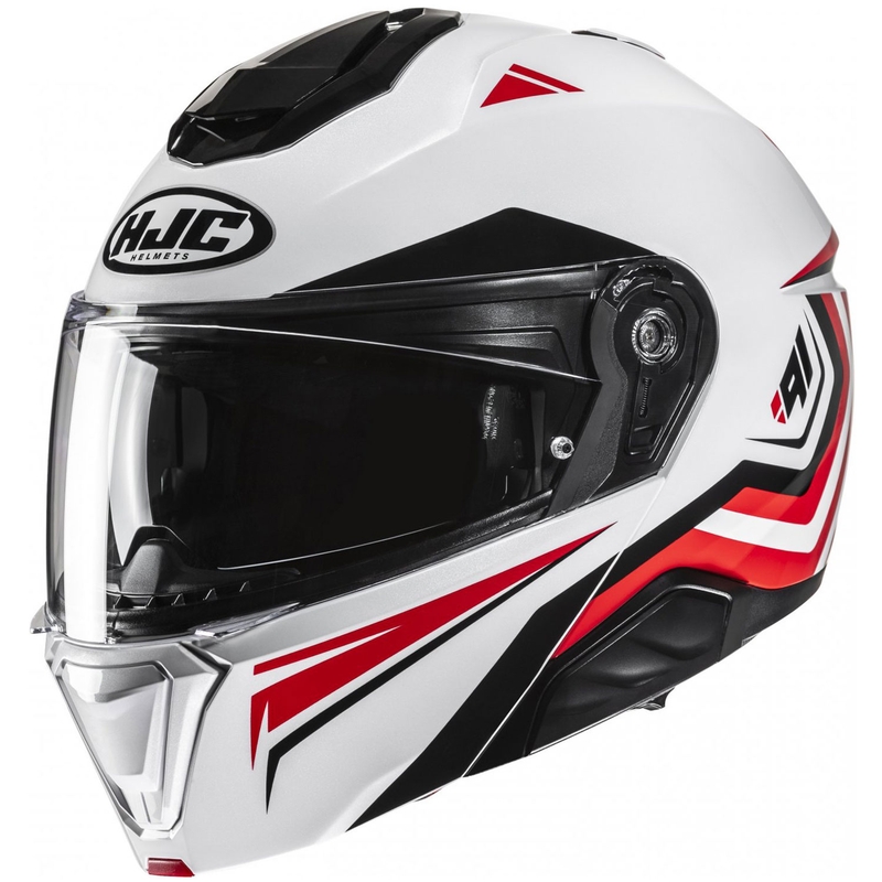 Casco de moto abatible HJC i91 Tricus MC1 blanco-negro-rojo