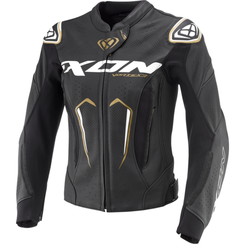 Chaqueta moto de cuero mujer IXON Vortex 3 negro-blanco-oro