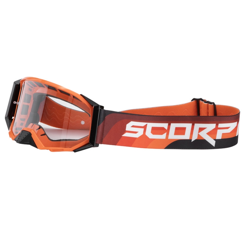 Gafas de motocross Scorpion E24 de color naranja y negro con plexiglás transparente