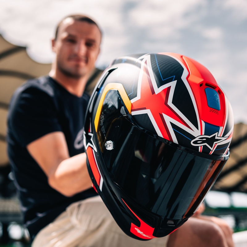 Casco integral para motocicleta Alpinestars Supertech R10 Limited Edition Jack Miller en carbono mate rojo-azul-amarillo-blanco
