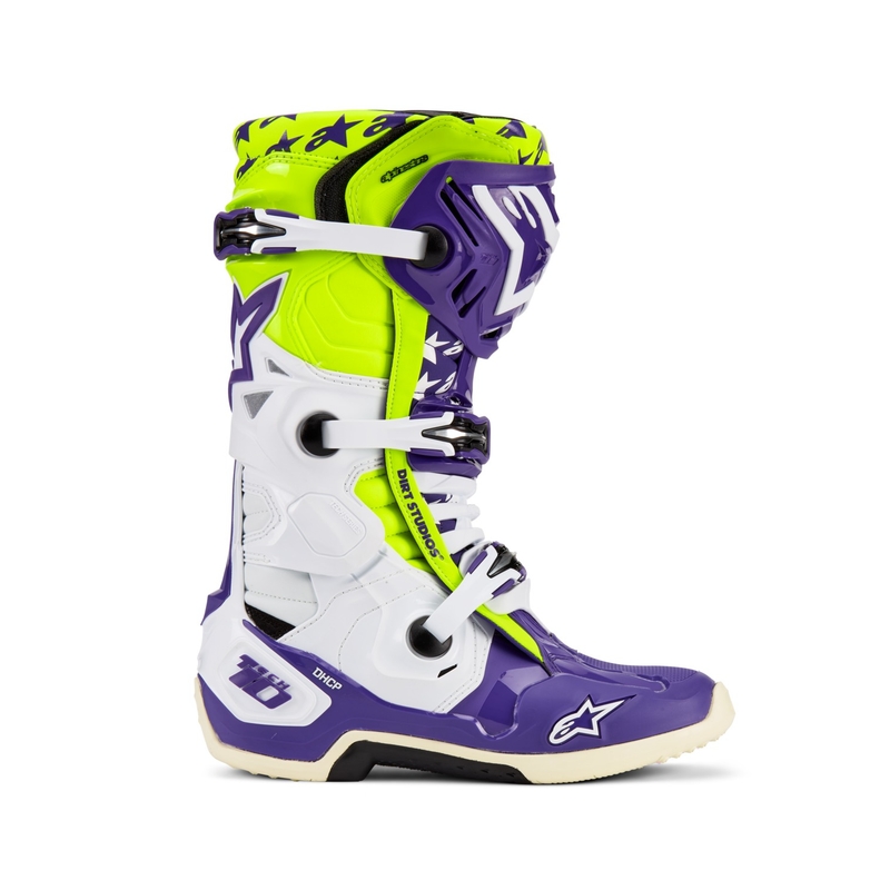 Botas de moto Alpinestars TECH 10 edición limitada Dirt Studios morado-blanco-amarillo fluo