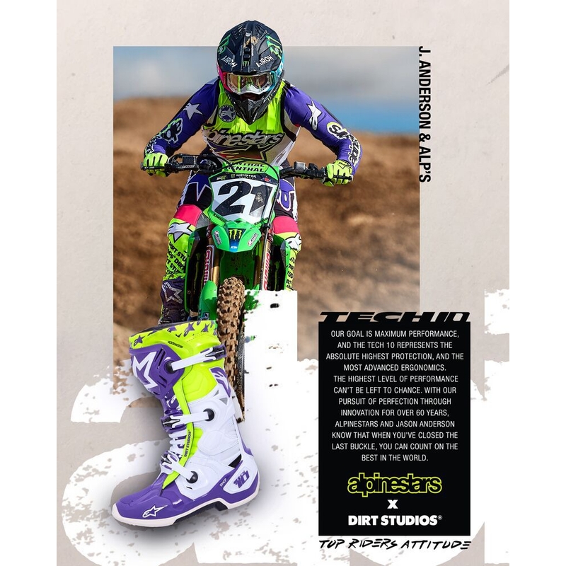 Botas de moto Alpinestars TECH 10 edición limitada Dirt Studios morado-blanco-amarillo fluo