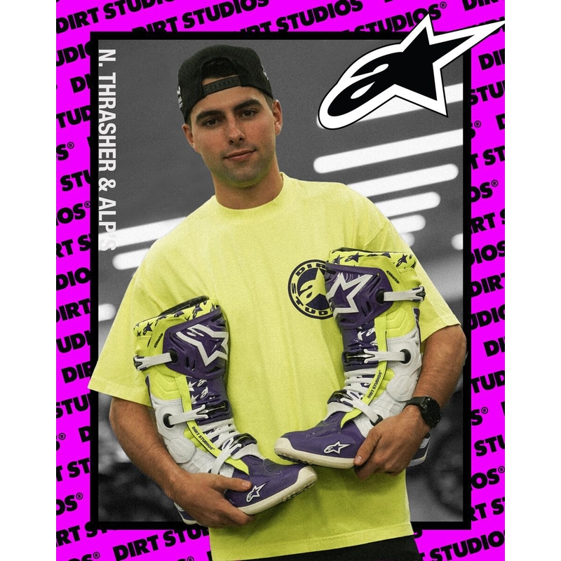 Botas de moto Alpinestars TECH 10 edición limitada Dirt Studios morado-blanco-amarillo fluo