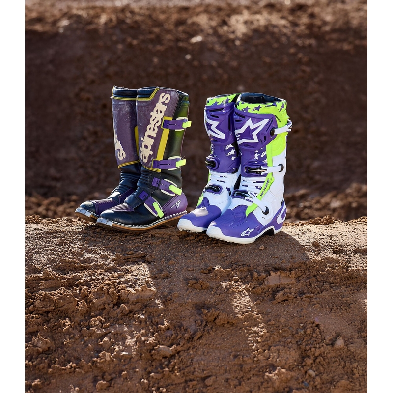 Botas de moto Alpinestars TECH 10 edición limitada Dirt Studios morado-blanco-amarillo fluo