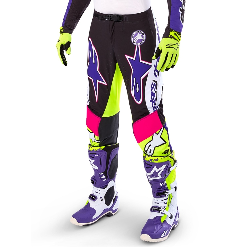 Pantalones de motocross Alpinestars Supertech edición limitada Dirt Studios blanco-violeta-rosa-amarillo fluo