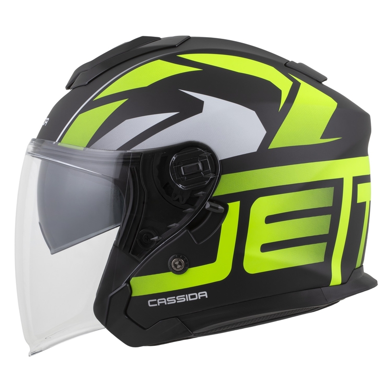 Casco de moto abierto Cassida Jet Tech 2.0 RoTo en negro mate, amarillo fluorescente y blanco