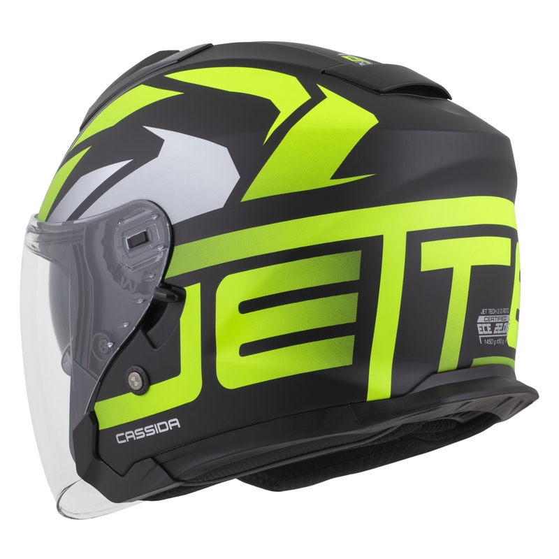 Casco de moto abierto Cassida Jet Tech 2.0 RoTo en negro mate, amarillo fluorescente y blanco