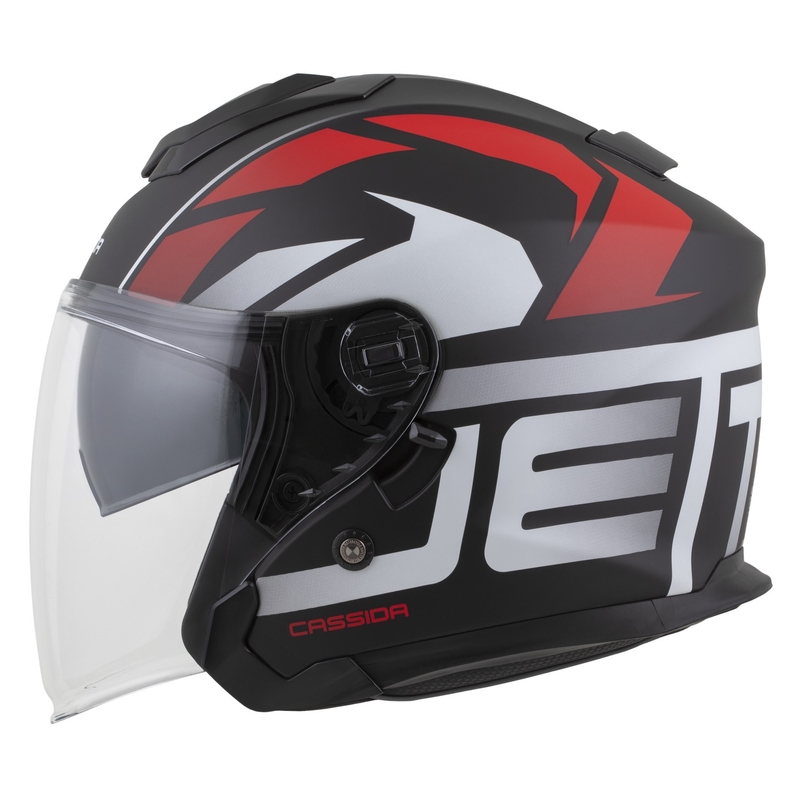 Casco abierto para motocicleta Cassida Jet Tech 2.0 RoTo en negro mate, rojo y blanco