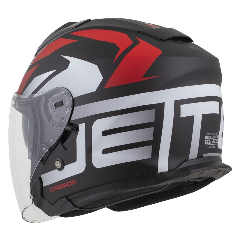 Casco abierto para motocicleta Cassida Jet Tech 2.0 RoTo en negro mate, rojo y blanco