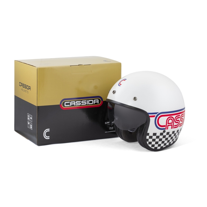 Casco de moto abierto Cassida Oxygen 2.0 Rondo en blanco perla, rojo, azul y negro.
