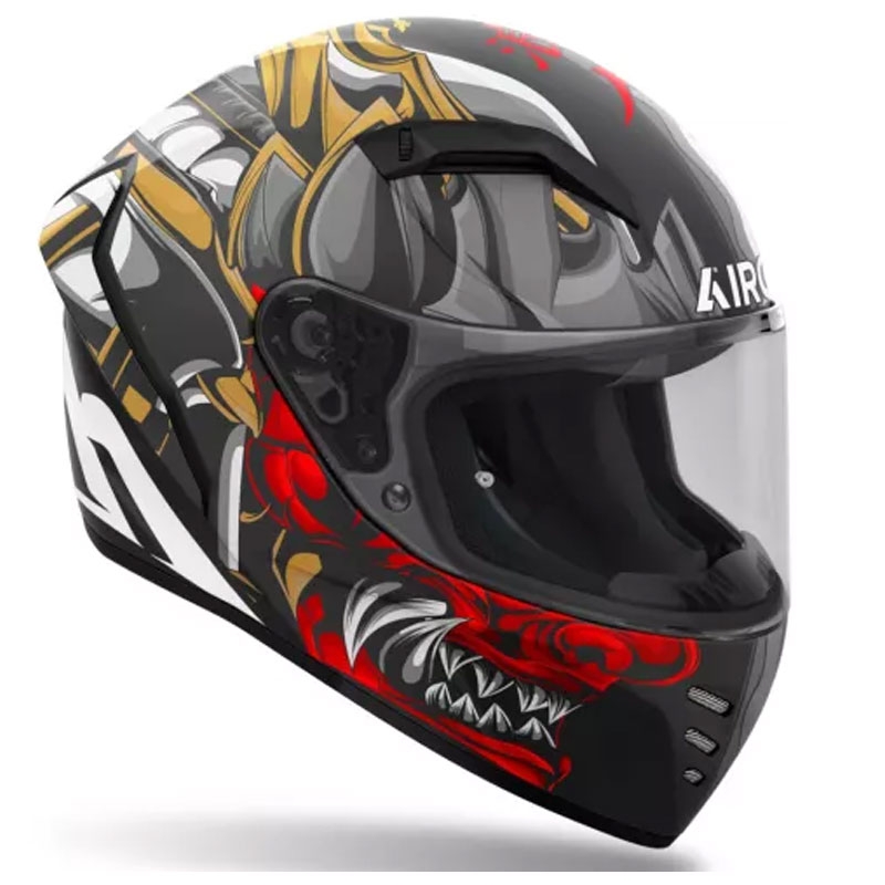 Casco integral de moto Airoh Connor Samurai en negro mate, rojo, marrón y gris.