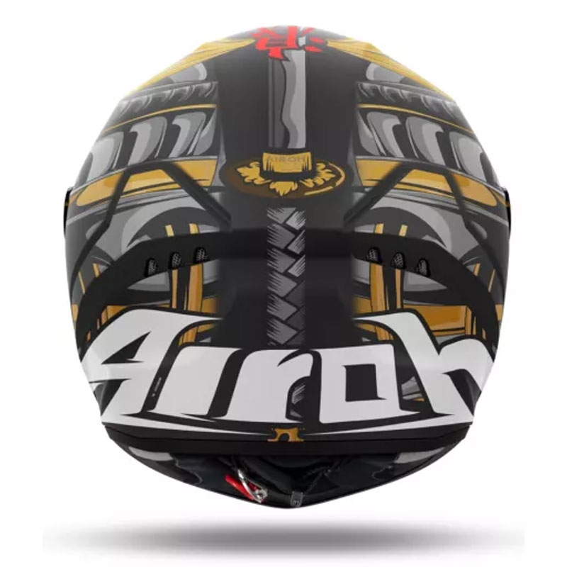 Casco integral de moto Airoh Connor Samurai en negro mate, rojo, marrón y gris.