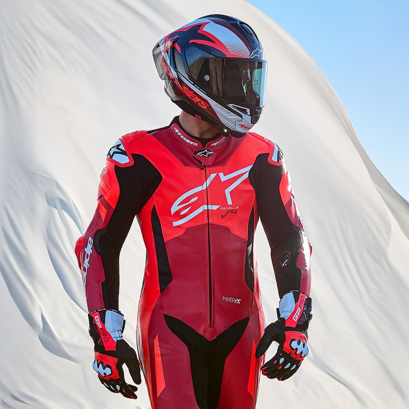 Mono de moto de cuero de una pieza Alpinestars GP Plus V4 Sprint, compatible con Tech-Air, rojo fluorescente, rojo, blanco y negro