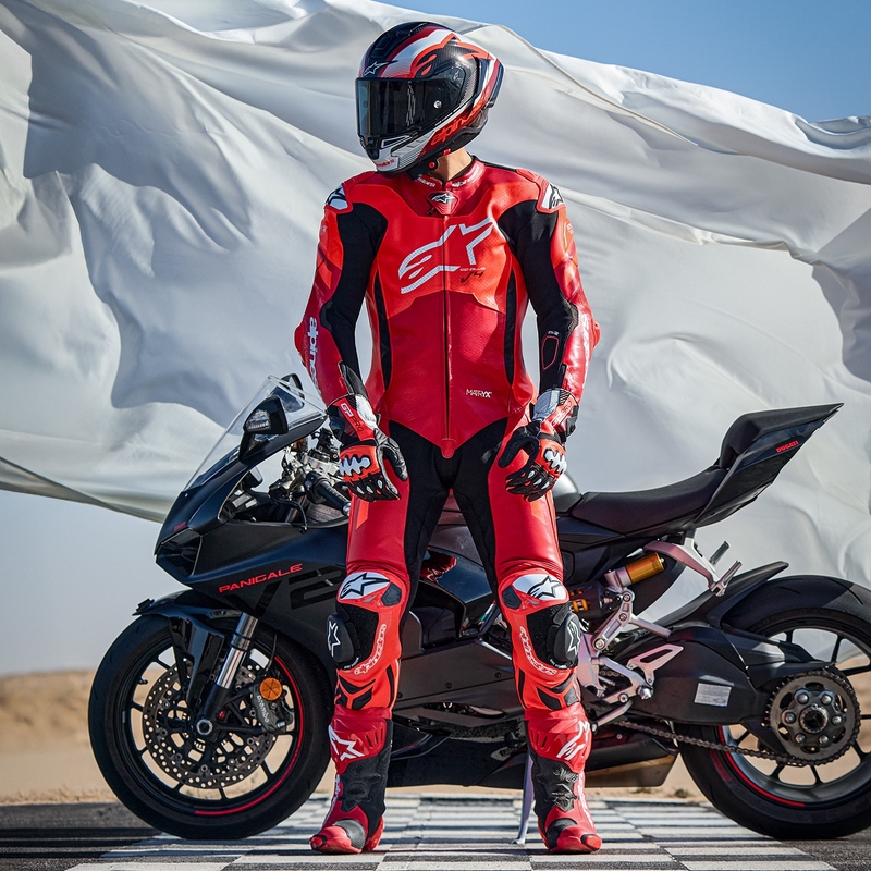 Mono de moto de cuero de una pieza Alpinestars GP Plus V4 Sprint, compatible con Tech-Air, rojo fluorescente, rojo, blanco y negro