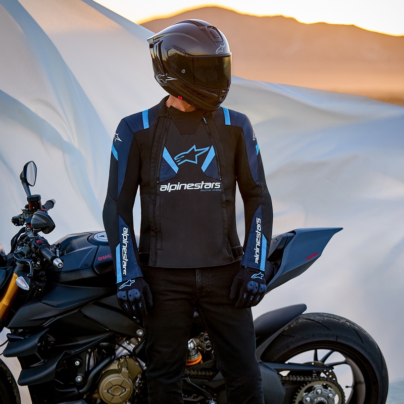 Chaqueta de moto Alpinestars T-Stunt Air negra, azul y azul claro