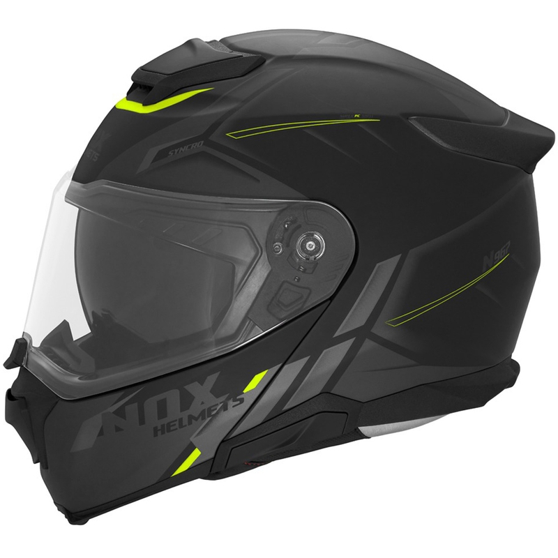 Casco de moto abatible NOX N967 Synchro negro mate-amarillo fluo