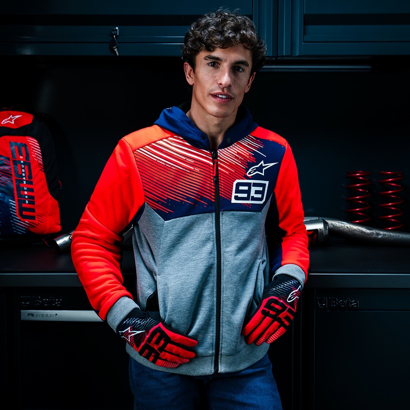 Sudadera deportiva Alpinestars Chrome V2 MM93 colección gris claro-azul-rojo fluorescente