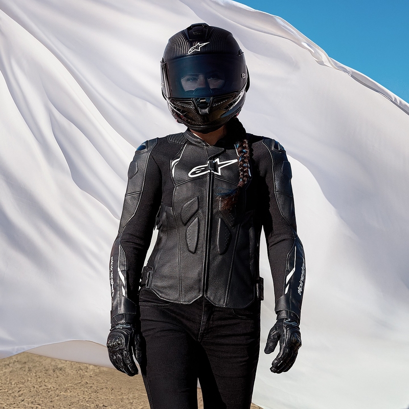 Chaqueta de moto de cuero para mujer Alpinestars Stella Dusk en blanco y negro