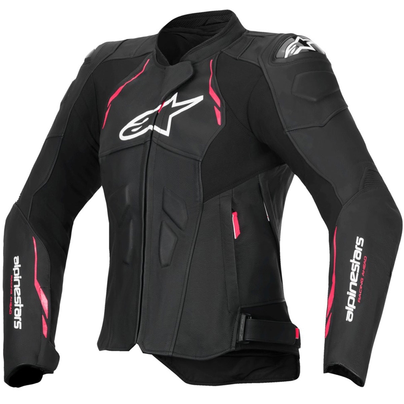 Chaqueta de moto de cuero para mujer Alpinestars Stella Dusk en negro, rosa y blanco