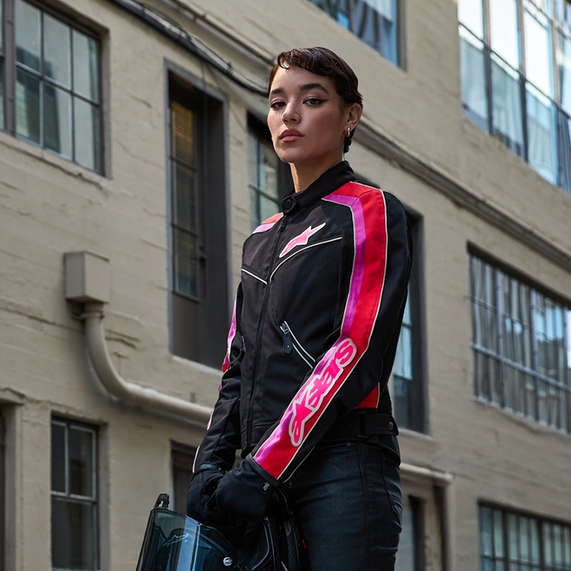 Chaqueta de moto impermeable para mujer Alpinestars Stella T-Dyno (negro, rojo y rosa)