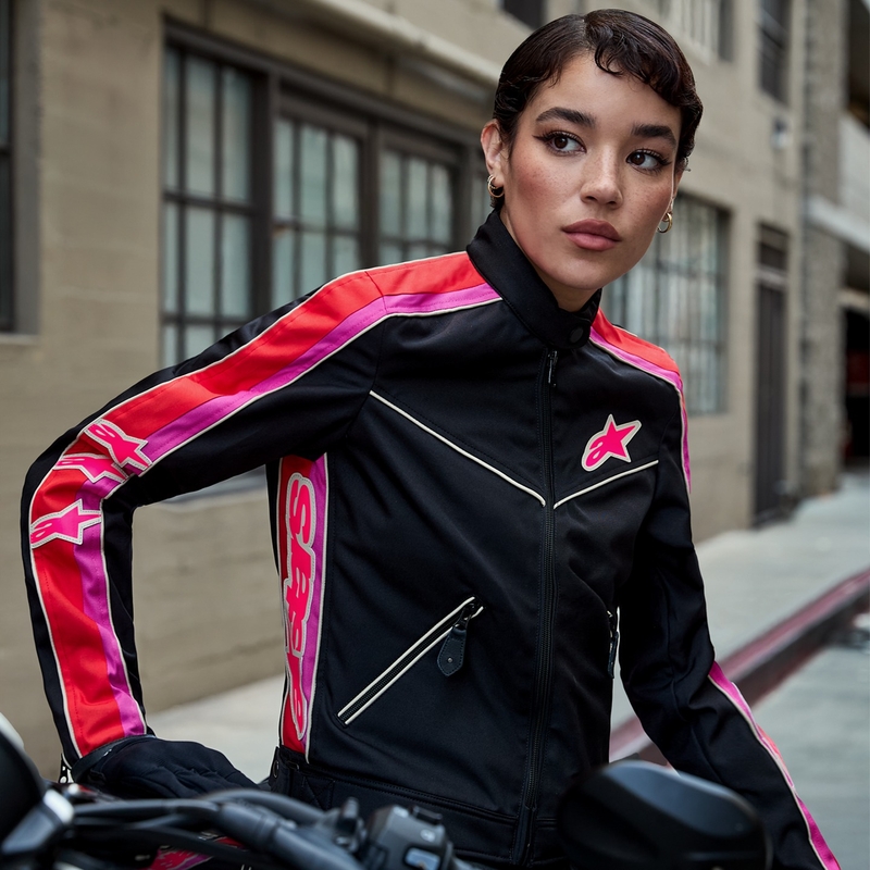 Chaqueta de moto impermeable para mujer Alpinestars Stella T-Dyno (negro, rojo y rosa)