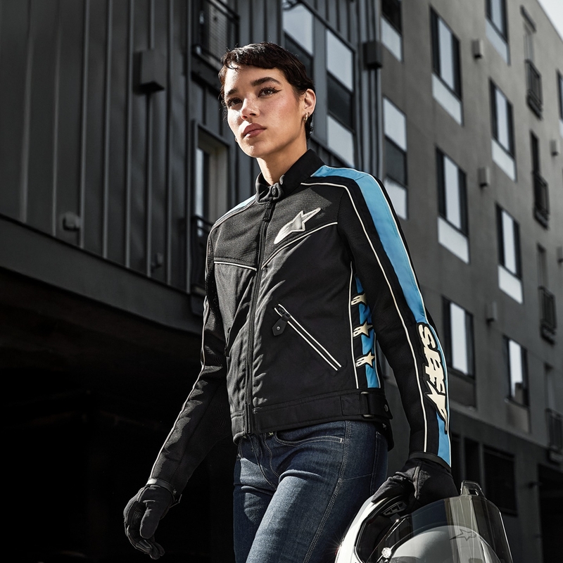Chaqueta de moto para mujer Alpinestars STELLA T-DYNO AIR en negro, azul claro y beige