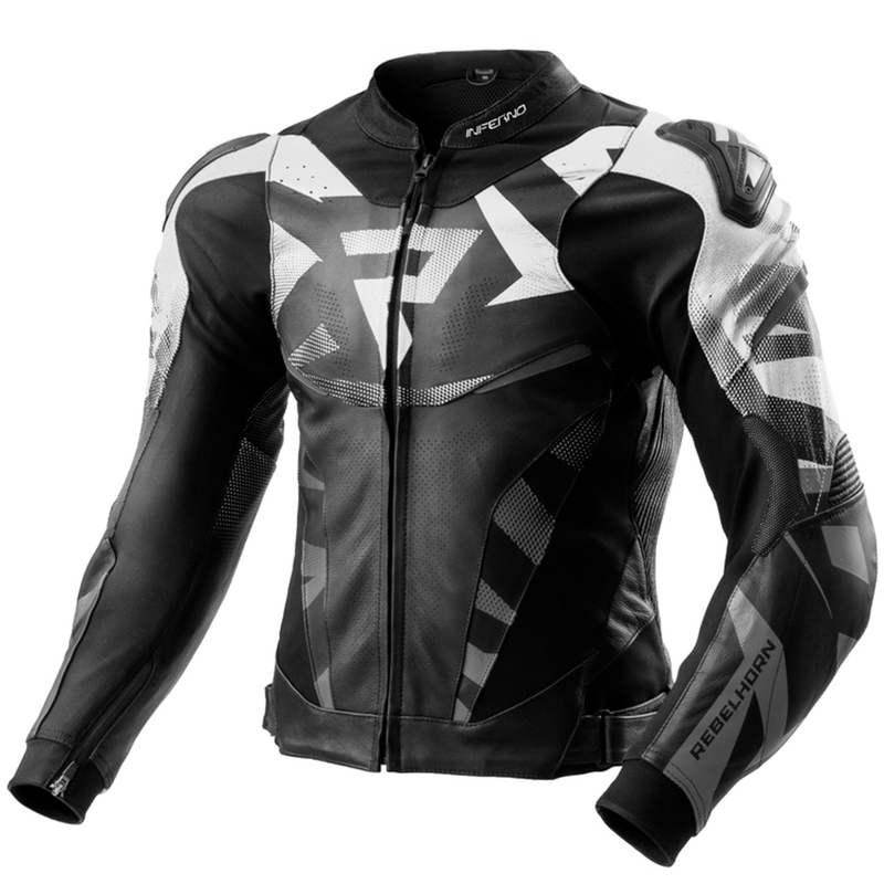 Chaqueta de moto de cuero Rebelhorn Inferno en blanco y negro.