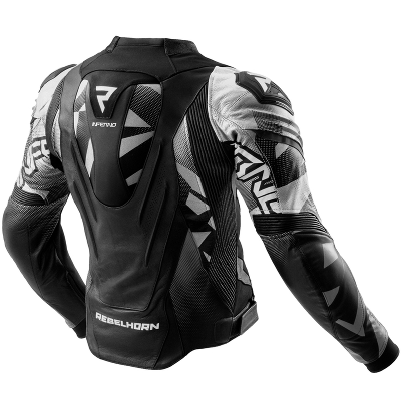 Chaqueta de moto de cuero Rebelhorn Inferno en blanco y negro.