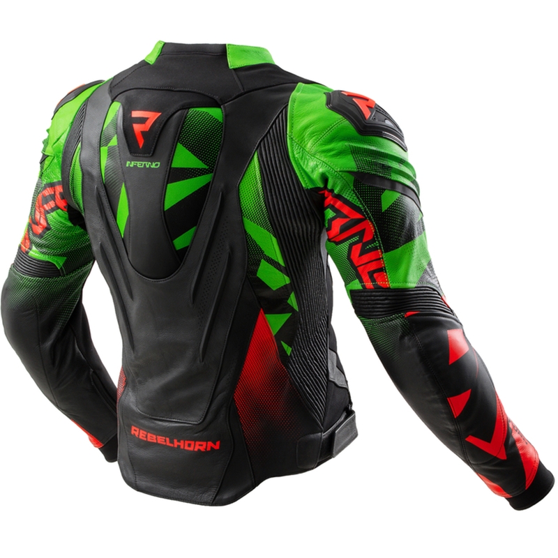 Chaqueta de cuero para moto Rebelhorn Inferno, color negro, verde y rojo