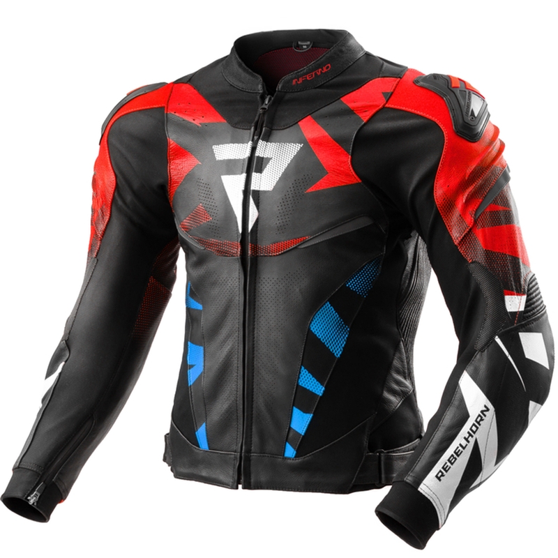 Chaqueta de cuero moto Rebelhorn Inferno negro-azul-blanco-rojo