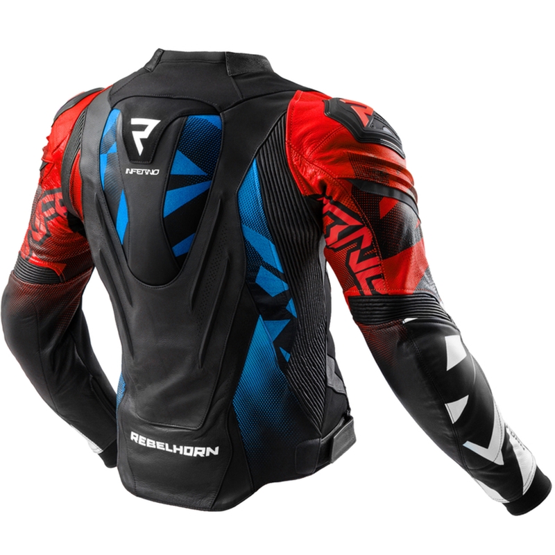 Chaqueta de cuero moto Rebelhorn Inferno negro-azul-blanco-rojo