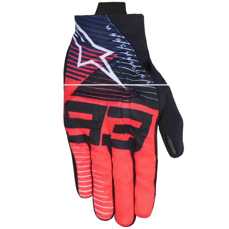 Colección de guantes de moto Alpinestars Reef V2 MM93 en rojo fluorescente, azul y blanco.