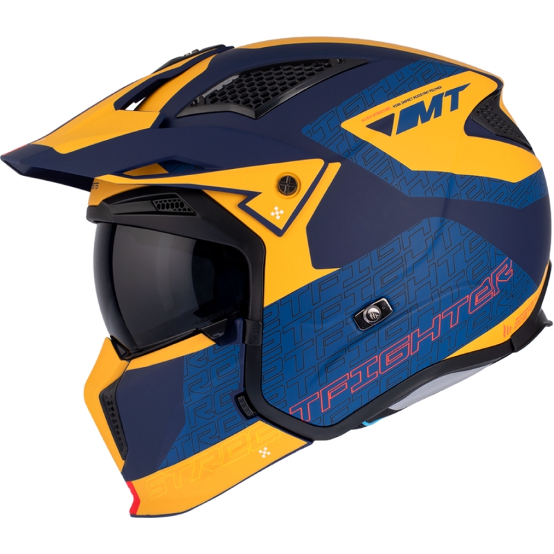 Casco abierto con máscara MT Streetfighter SV Totem C3 azul-amarillo con visera de iridio