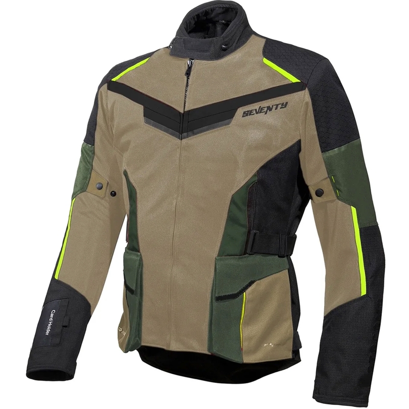 Chaqueta de moto Seventy Degrees SD-JT70 Atacama color arena-verde-amarillo fluorescente