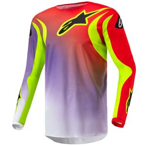 Camiseta de motocross Alpinestars Fluid Lucent en blanco, morado, rojo, amarillo fluorescente y negro.