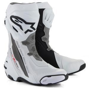 Botas de moto ventiladas Alpinestars Supertech R en blanco, gris claro y negro