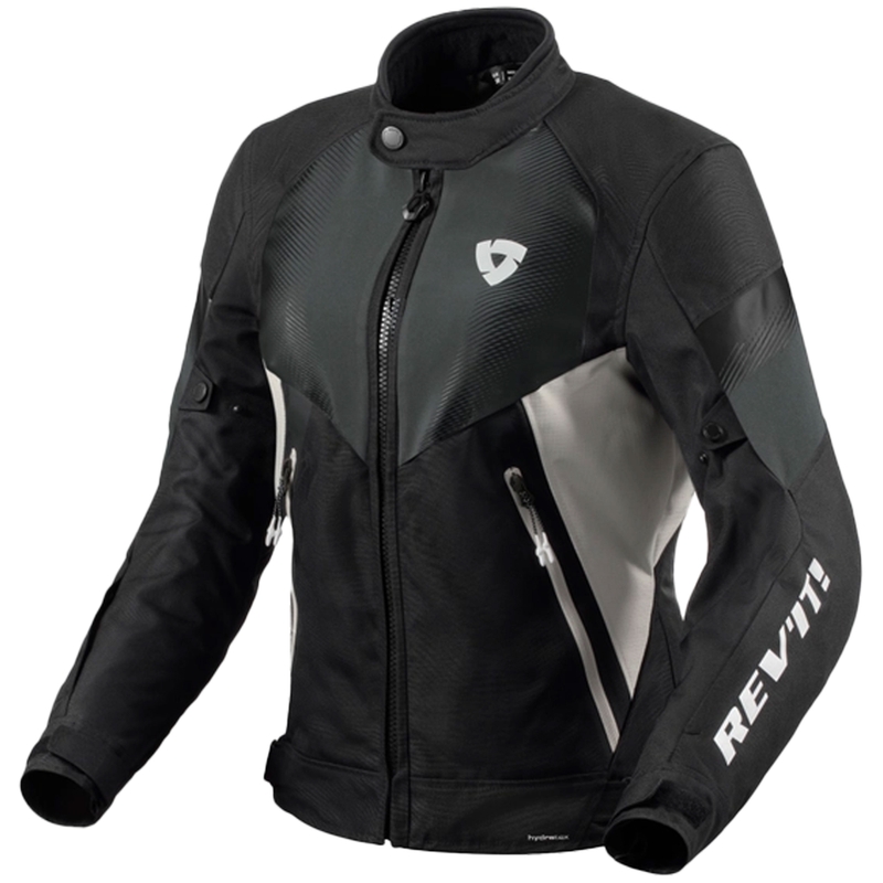 Chaqueta de moto Revit Control H2O para mujer, color negro y plateado