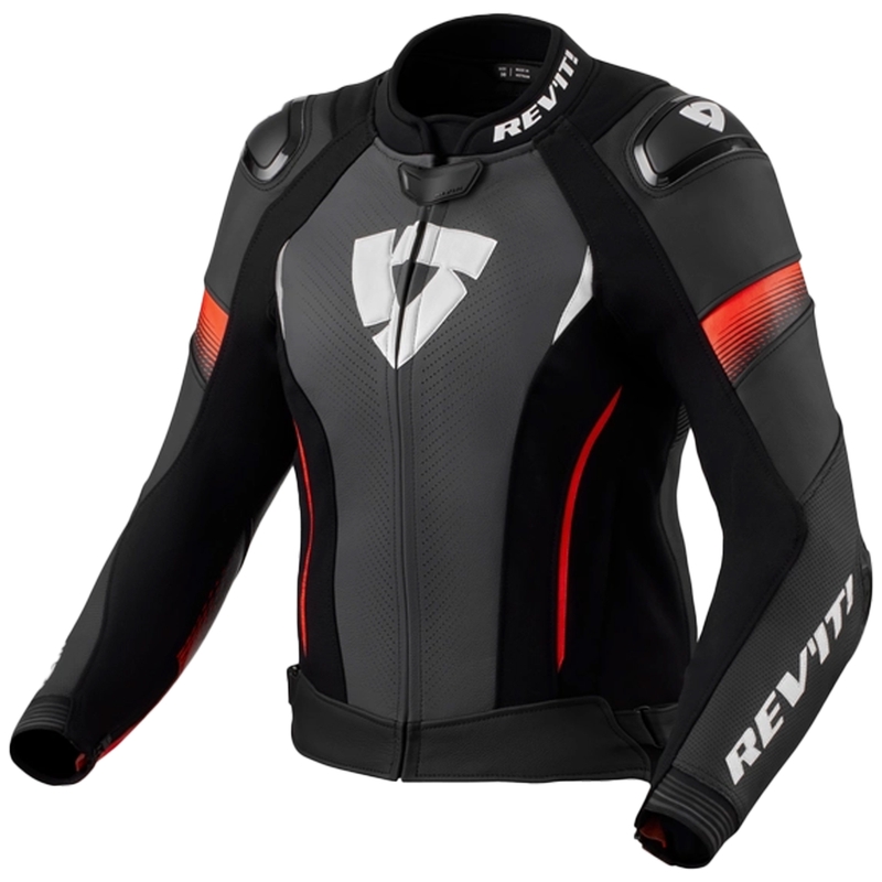 Chaqueta de moto de mujer Revit Xena 4 Pro de cuero negro-rojo fluo