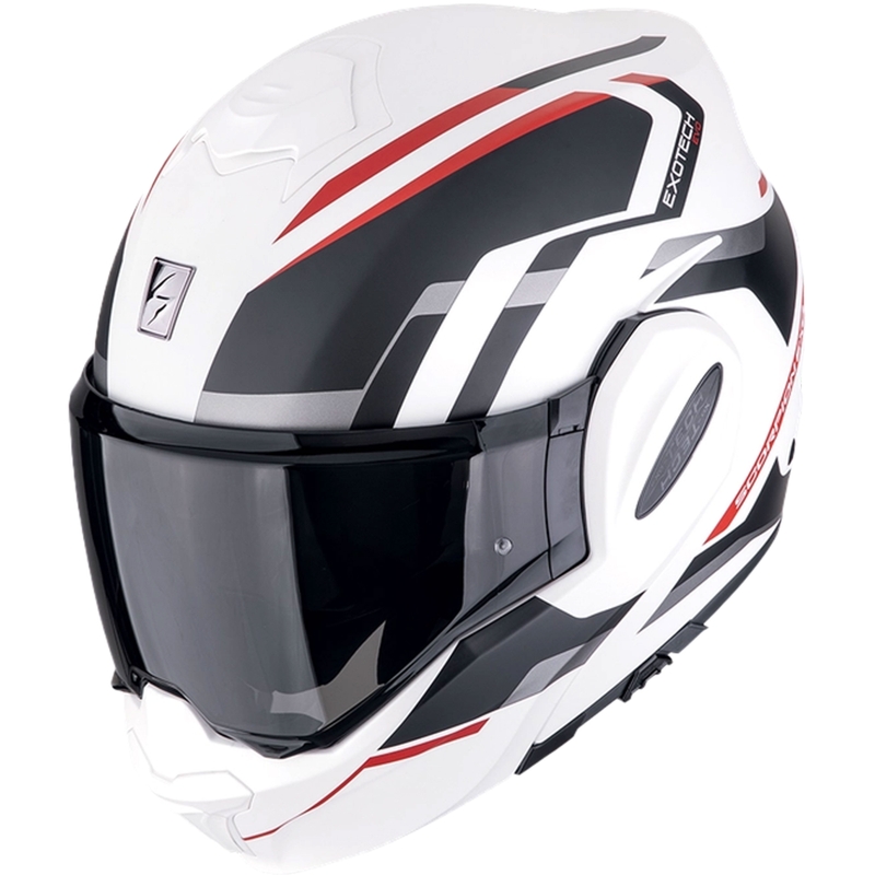 Casco de moto modular Scorpion EXO-TECH EVO FURIO en blanco mate, negro y rojo en oferta liquidación