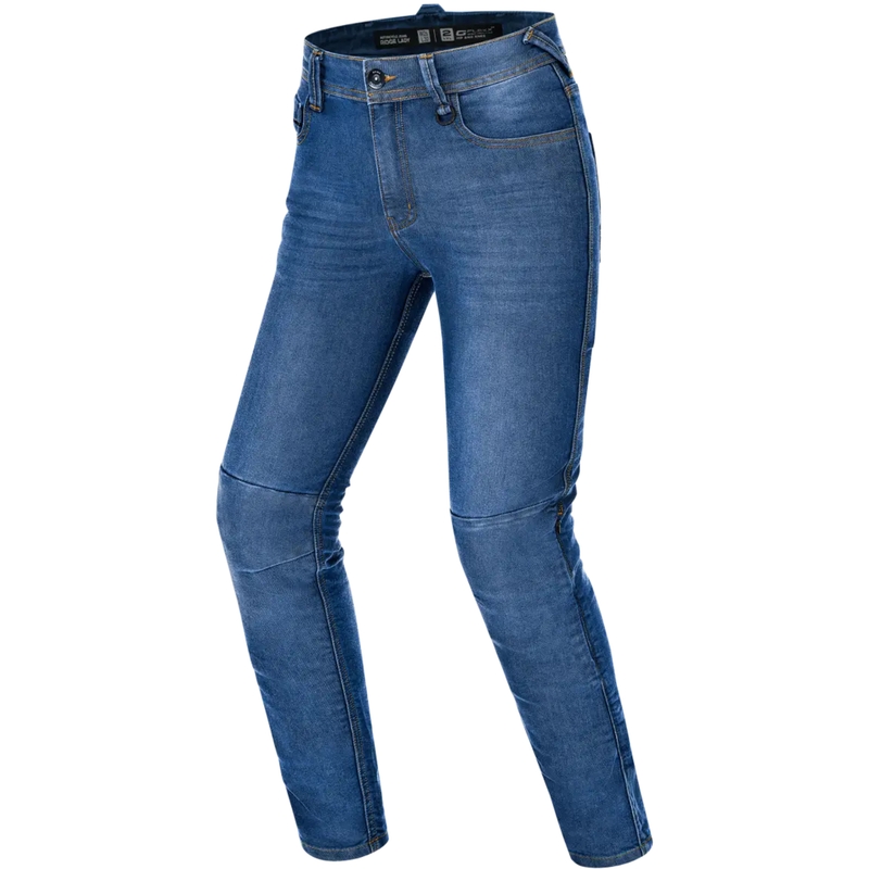Vaqueros de moto Shima Ridge para mujer, de corte extendido, en color azul.