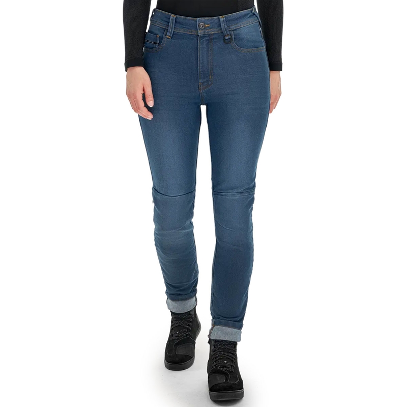 Vaqueros de moto Shima Ridge para mujer, de corte extendido, en color azul.
