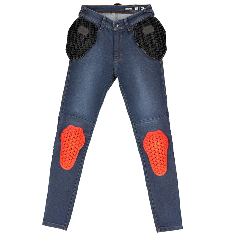 Vaqueros de moto Shima Ridge para mujer, de corte extendido, en color azul.