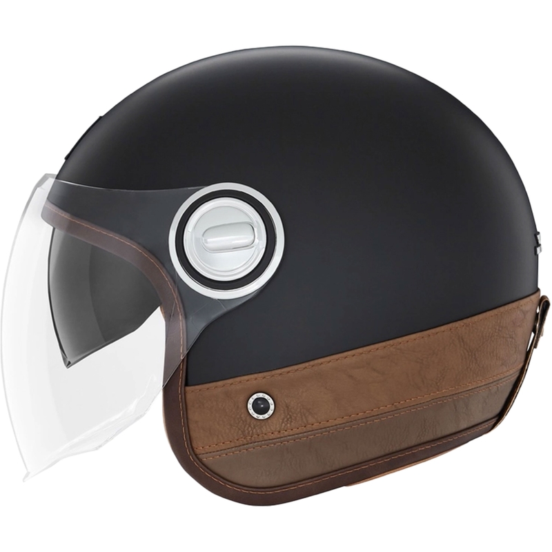 Casco de moto abierto NOX PREMIUM Heritage en negro mate con cuero marrón.
