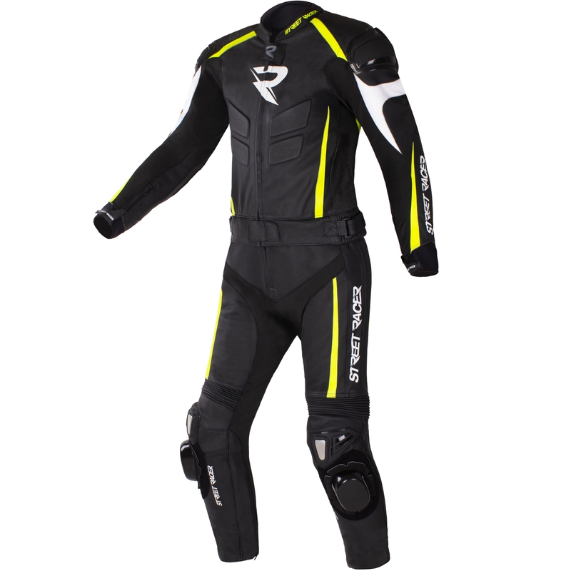 Traje de moto de cuero Street Racer Fast Track 2.1 Negro-Amarillo Flúor-Blanco