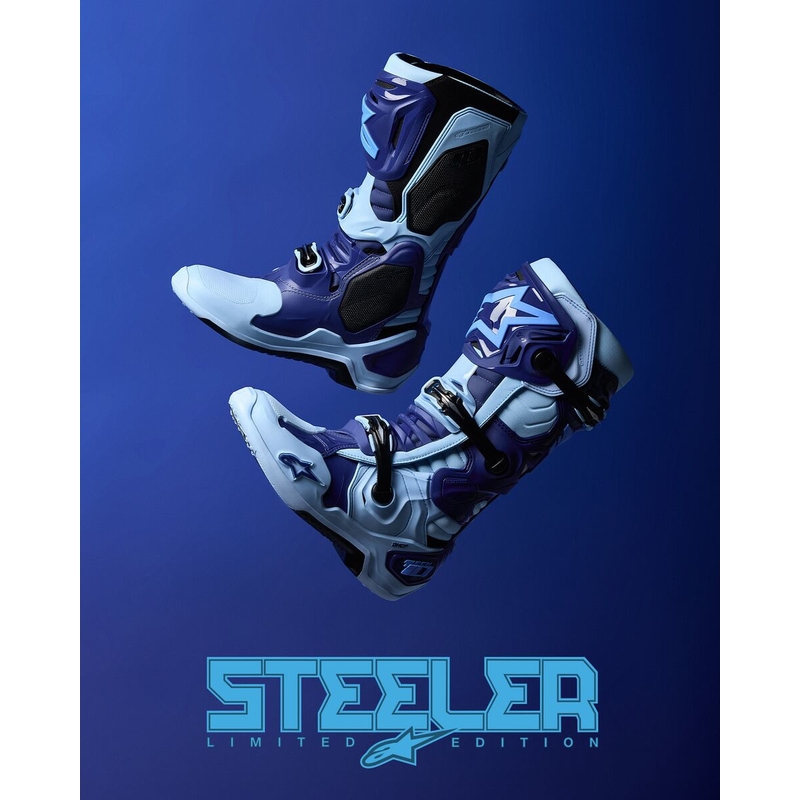 Botas de moto Alpinestars Tech 10 Edición Limitada Steelers Azul-Azul Claro
