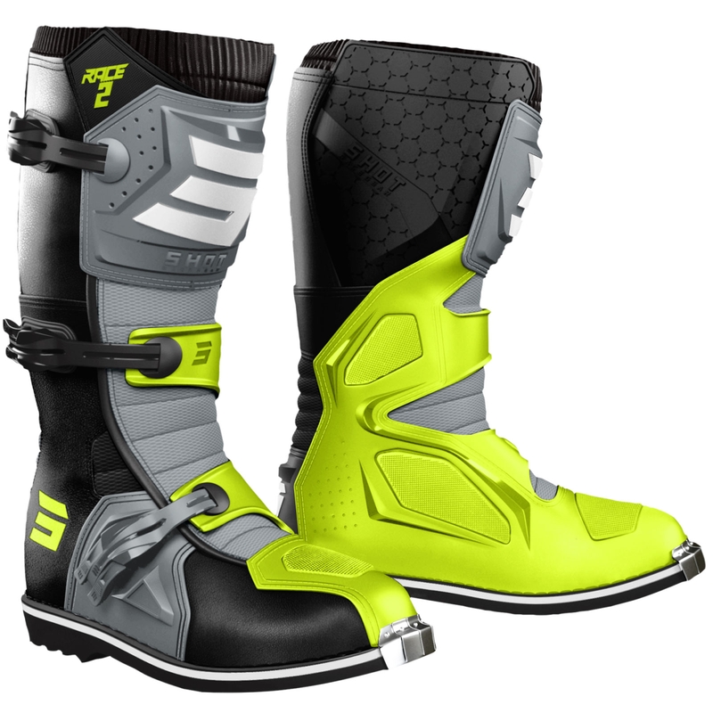 Botas de motocross Shot Race 2, color negro, gris y amarillo flúor.