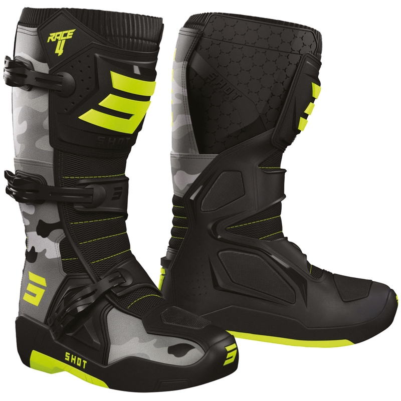 Botas de motocross Shot Race 4 camuflaje amarillo flúor
