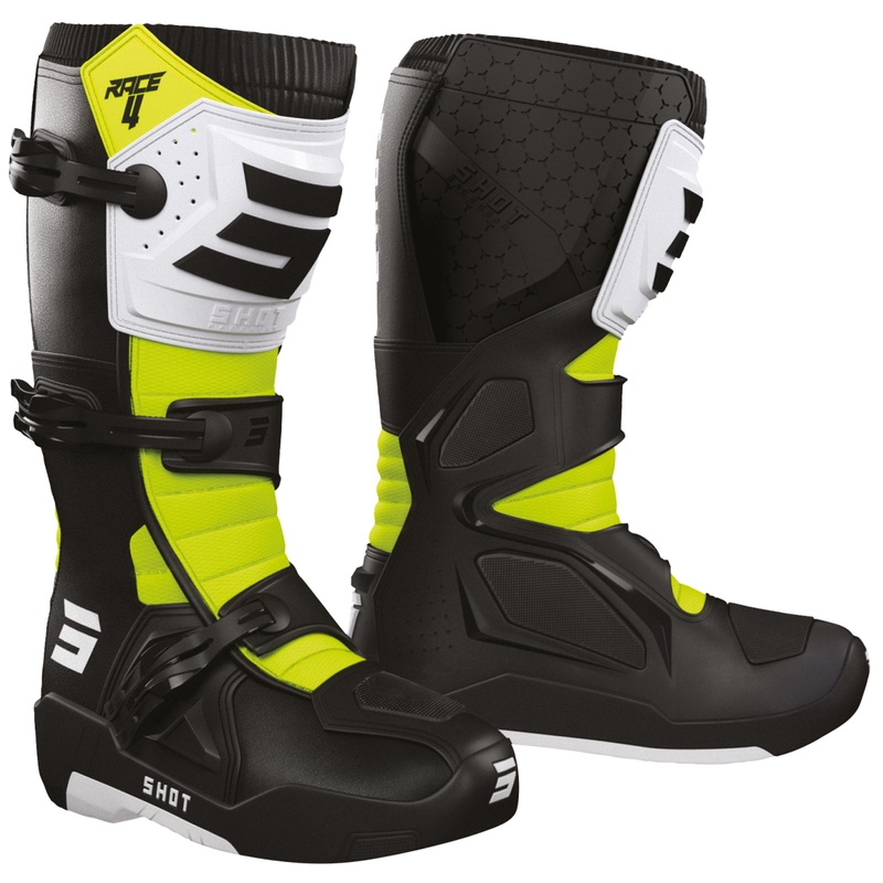 Botas de motocross Shot Race 4 en negro, blanco y amarillo flúor.