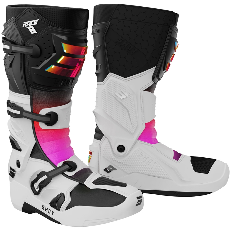 Botas de motocross Shot Race 8 holográficas blancas, negras y rosas